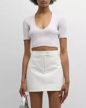 Укороченный свитер в рубчик с V-образным вырезом и короткими рукавами Courreges, цвет Mist