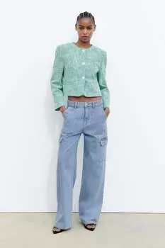 Укороченный текстурный пиджак ZARA, зеленый/экру