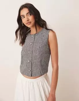 Укороченный топ Abercrombie & Fitch из льна с высоким воротом в черную клетку в клетку