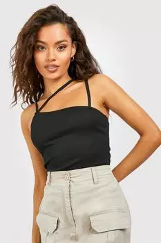 Укороченный топ asym в рубчик с бретелями Boohoo, черный
