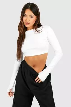 Укороченный топ basic с круглым вырезом и длинными рукавами Boohoo, белый
