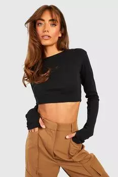 Укороченный топ basic с круглым вырезом и длинными рукавами Boohoo, черный