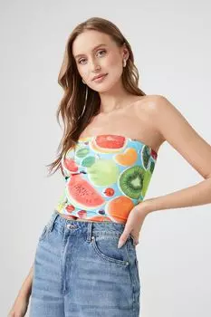 Укороченный топ без рукавов с фруктовым принтом Forever 21, синий