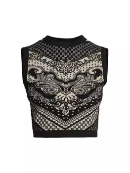 Укороченный топ без рукавов с узором пейсли и монограммой Balmain, цвет ivory black