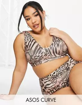 Укороченный топ бикини ASOS DESIGN Curve с леопардовым принтом