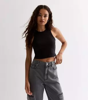 Укороченный топ-борцовка Petite черного цвета в рубчик New Look, черный