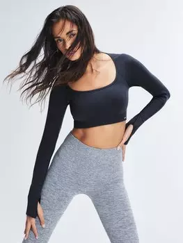 Укороченный топ-бюстгальтер с длинными рукавами Savage X Fenty Seamless Sport, цвет Washed Black Caviar