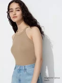 Укороченный топ-бюстгальтер с ребристым вырезом на бретельках Uniqlo, бежевый