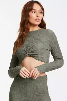 Укороченный топ цвета хаки с фактурным узлом спереди QUIZ Clothing