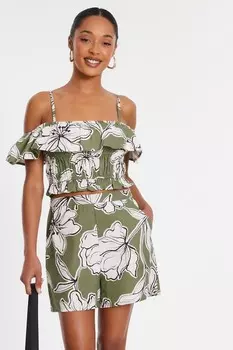 Укороченный топ цвета хаки с тропическим принтом Bardot QUIZ Clothing