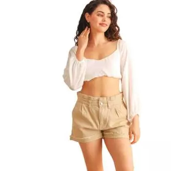 Укороченный топ цвета слоновой кости с длинными рукавами и сборками на спине FASHNZFAB