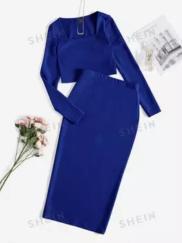 Укороченный топ и юбка Mulvari. Подол в форме карандаша Shein, темно-синий