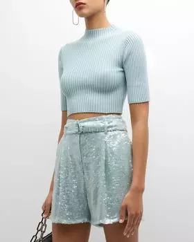 Укороченный топ из хлопка и шерсти с воротником и короткими рукавами LAPOINTE, цвет Soft Blue