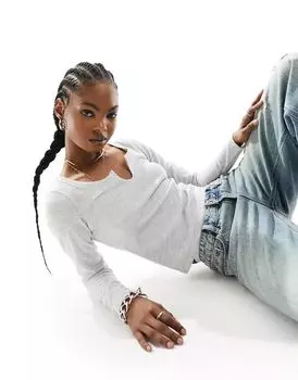 Укороченный топ из хлопка с длинными рукавами серого вафельного цвета и вырезом спереди Cotton:On