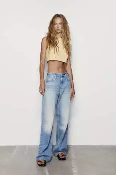 Укороченный топ из хлопка стрейч ZARA, пастельно-желтый