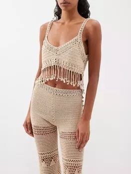 Укороченный топ из хлопка, связанный крючком, с кисточками Rabanne, бежевый