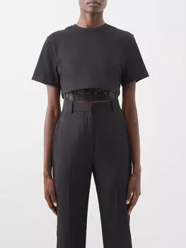 Укороченный топ из хлопкового джерси с кружевной вышивкой Alexander McQueen, черный