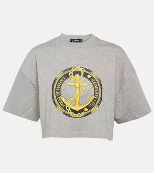 Укороченный топ из хлопкового джерси с принтом Versace, серый