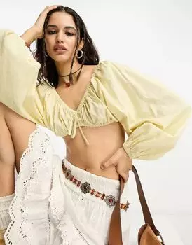 Укороченный топ из льна с длинными рукавами и завязкой спереди Reclaimed Vintage