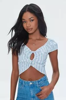 Укороченный топ из льняной смеси в полоску с вырезом Forever 21, белый