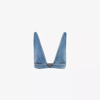 Укороченный топ из органического денима с логотипом и V-образным вырезом Prada, синий