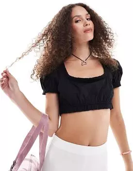 Укороченный топ из поплина с короткими рукавами и рукавами-фонариками черного цвета Monki