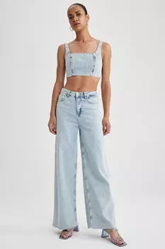 Укороченный топ из потертого денима Defacto, синий