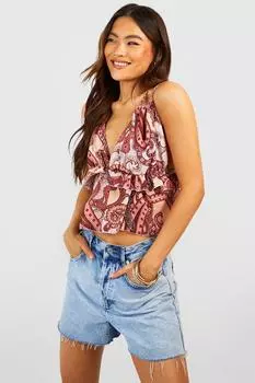 Укороченный топ из шифона с принтом и руфлами Boohoo, розовый
