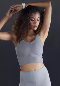 Укороченный топ LASCANA ACTIVE "Sport Top" с рюшами и сетчатыми вставками, серый