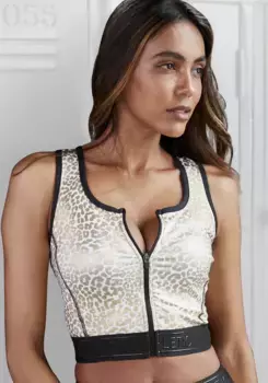 Укороченный топ LASCANA ACTIVE "спортивный топ" с блестящим животным принтом и объемной надписью на поясе, белый