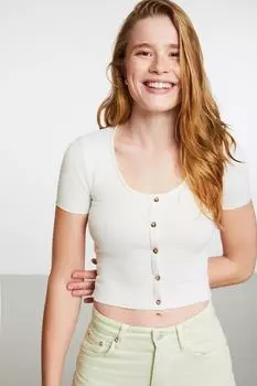 Укороченный топ Monterosso Ecru с короткими рукавами и застежкой на пуговицы с круглым вырезом GRIMELANGE, экрю