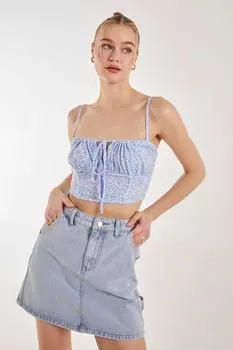 Укороченный топ на бретельках с цветочным принтом и завязками спереди Pink Vanilla, синий