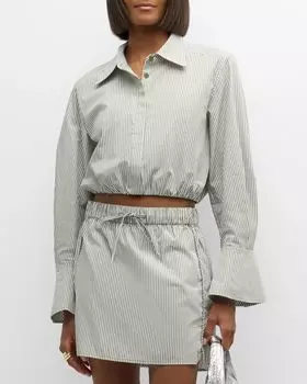 Укороченный топ на пуговицах в хлопковую полоску Blythe SIMKHAI, цвет Army Green Stripe