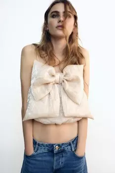 Укороченный топ с бантом ZARA, экрю