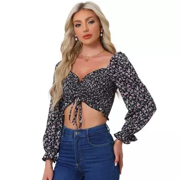Укороченный топ с цветочным принтом для женщин, летняя блузка с квадратным вырезом, шнурком спереди и пышными рукавами ALLEGRA K, черный