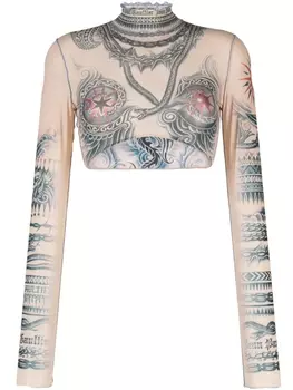 Укороченный топ с длинными рукавами и графичным принтом Jean Paul Gaultier, бежевый