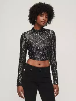 Укороченный топ с длинными рукавами и пайетками Superdry, черный