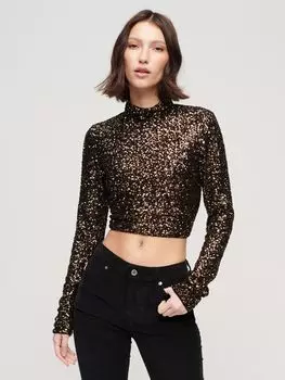 Укороченный топ с длинными рукавами и пайетками Superdry, бронзовый