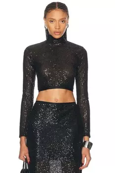 Укороченный топ с длинными рукавами и воротником-стойкой с пайетками Enza Costa, черный