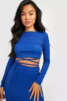 Укороченный топ с длинными рукавами и завязкой petite rib Boohoo, кобальтовый