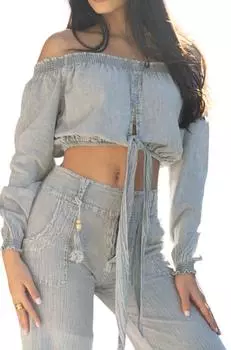 Укороченный топ с длинными рукавами Liza серого цвета BIANCO