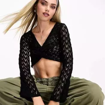 Укороченный топ с длинными рукавами Pull&bear Twist Front Pointelle, черный