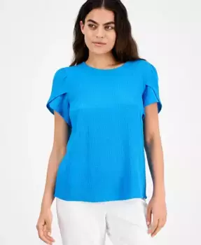 Укороченный топ с фактурной тканью, круглым вырезом и рукавами-тюльпанами Petite AK Anne Klein, синий