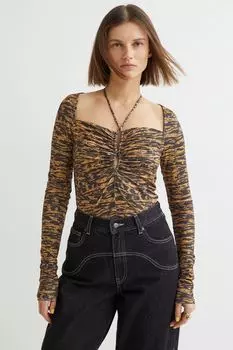 Укороченный топ с галстуком H&amp;M, темно-бежевый/узор