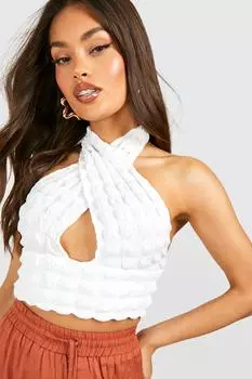 Укороченный топ с халтером попкорна с крестом передней части Boohoo, белый