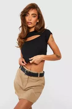 Укороченный топ с коротким рукавом, базовый вырез в ребку Boohoo, черный