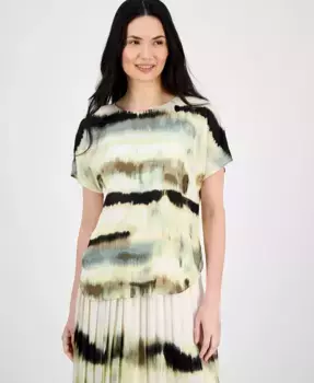 Укороченный топ с коротким рукавом и лодочкой в принт Anne Klein, мультиколор