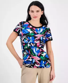 Укороченный топ с коротким рукавом и принтом, сзади на пуговицах, размер Petite AK Anne Klein, черный