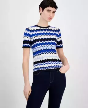 Укороченный топ с коротким рукавом и V-образным узором Petite Chevron-Stitch Anne Klein, мультиколор