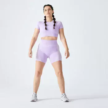 Укороченный топ с короткими рукавами для фитнеса без швов - фуксия DOMYOS, неоновая темная фуксия